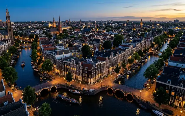 Gabled canal houses and arched bridges along Amsterdam's canals at dusk