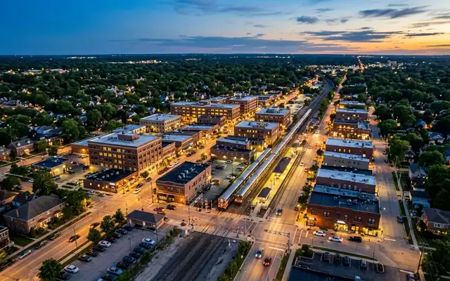 Arlington Heights downtown at dusk, mid-rise brick blocks around the commuter rail station with leafy suburban streets beyond