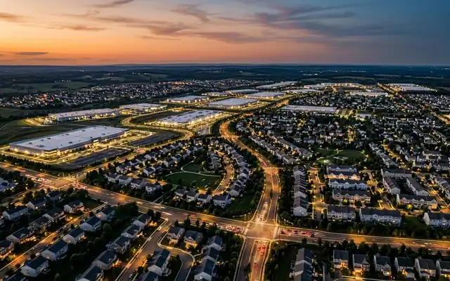 Ashburn at dusk, low data center campuses beyond the curving streets and townhouse rows of planned Loudoun County neighbourhoods
