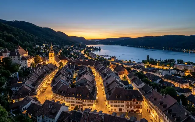 Biel old town at dusk, steep rooftops and a church spire below the wooded Jura slopes with Lake Biel beyond