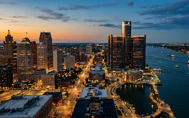 Detroit at dusk, the cylindrical Renaissance Center rising over the Detroit River with freighters passing the lit downtown waterfront