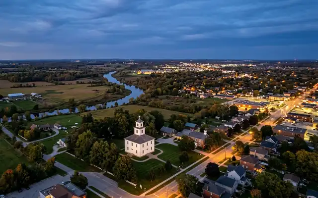 East Gwillimbury at dusk, the white three-tiered Sharon Temple with its ball finial on a lawn beside farmland and the river