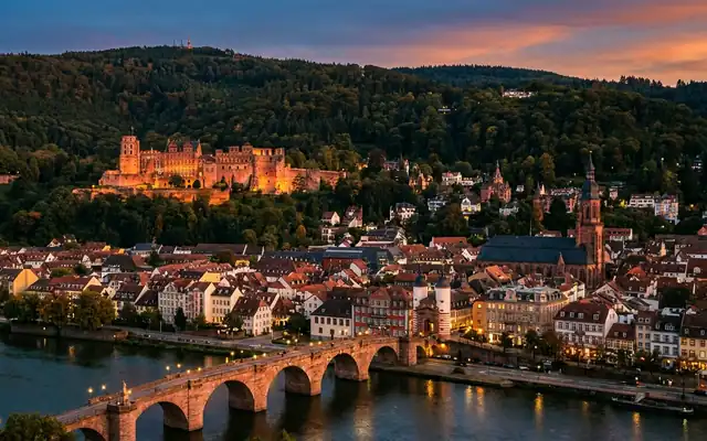 Heidelberg Castle above the old town and the Old Bridge over the Neckar at dusk
