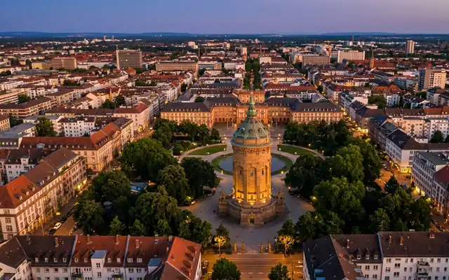 The Mannheim water tower and Friedrichsplatz from above at dusk