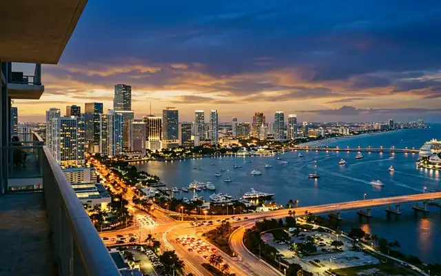 The downtown Miami skyline on Biscayne Bay with boats and causeway bridges at dusk