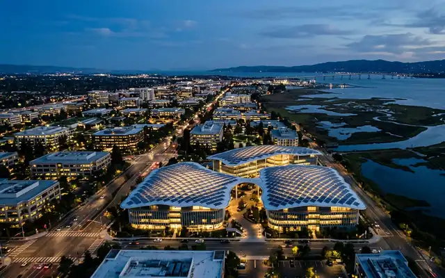 Google's Bay View campus with dragonscale solar roofs beside the bay wetlands in Mountain View at dusk
