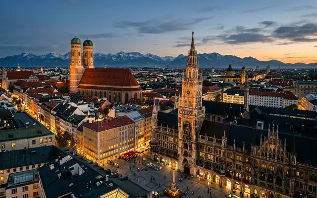Munich old town at dusk, the Frauenkirche and the New Town Hall tower with the Alps on the horizon