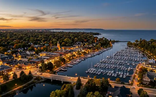 Oakville at dusk, sailboats moored in the Sixteen Mile Creek harbour where the tree-lined town meets Lake Ontario