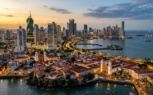Panama City at dusk, the colonial rooftops of Casco Viejo in front of the high-rise skyline along Panama Bay