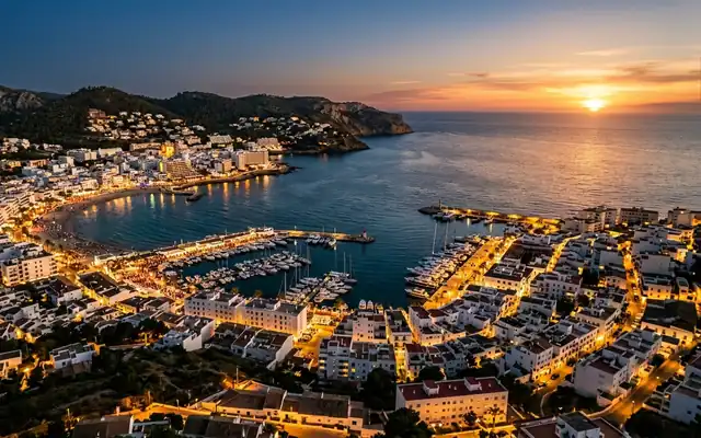Sant Antoni de Portmany on Ibiza at sunset, the curved bay and marina full of yachts facing the open Mediterranean