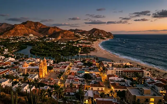 San Jose del Cabo's town center and church near the palm-lined estuary and long beach at dusk