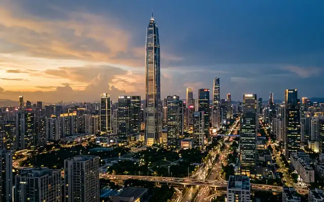 The Ping An Finance Centre tower rising above Shenzhen's dense lit skyline at dusk