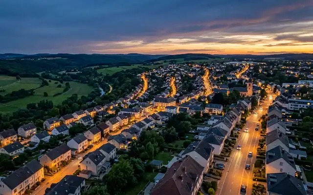 Strassen at dusk, low-rise houses and lit streets on a ridge above green fields and wooded hills in Luxembourg