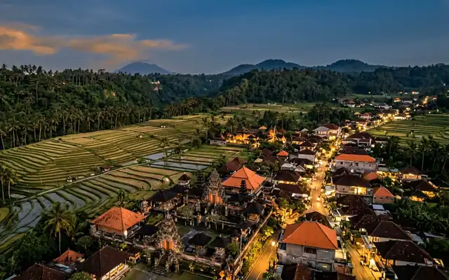 Temple rooftops, village lights and terraced rice fields in Ubud at dusk