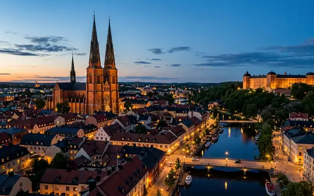 Uppsala at dusk, the twin Gothic spires of Uppsala Cathedral above old town rooftops with the castle on its wooded hill