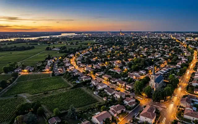 Rooftops and vineyard patches of Villenave-d'Ornon with Bordeaux in the distance at dusk