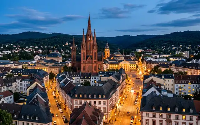 Wiesbaden at dusk, the red-brick neo-Gothic spires of the Marktkirche above spa-town rooftops with the wooded Taunus hills behind