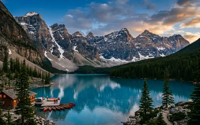 Turquoise Moraine Lake in Banff, Canada at dusk, canoes at the dock below the snow-dusted Valley of the Ten Peaks