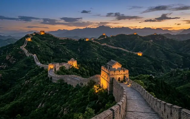 The Great Wall of China at Mutianyu winding over green ridges at dusk, a lit brick watchtower in the foreground