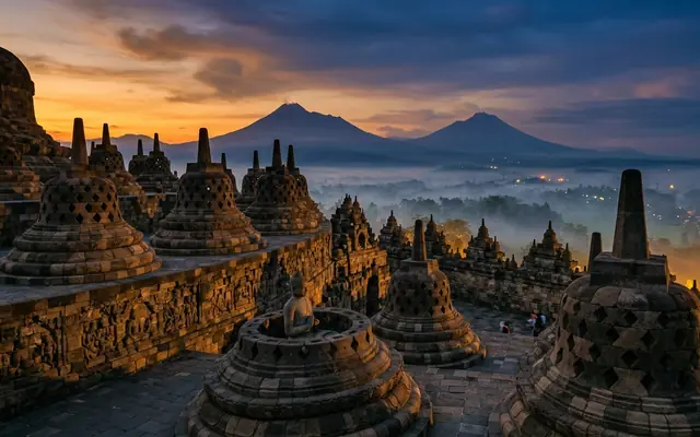 Borobudur temple in Central Java, Indonesia at dusk, tiered stone stupas and a seated Buddha above mist and distant volcanoes