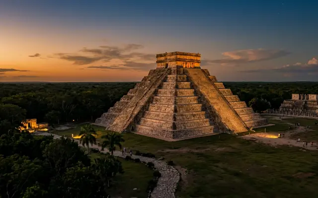 The stepped Mayan pyramid El Castillo at Chichen Itza, Mexico at dusk, rising from the Yucatan jungle plain