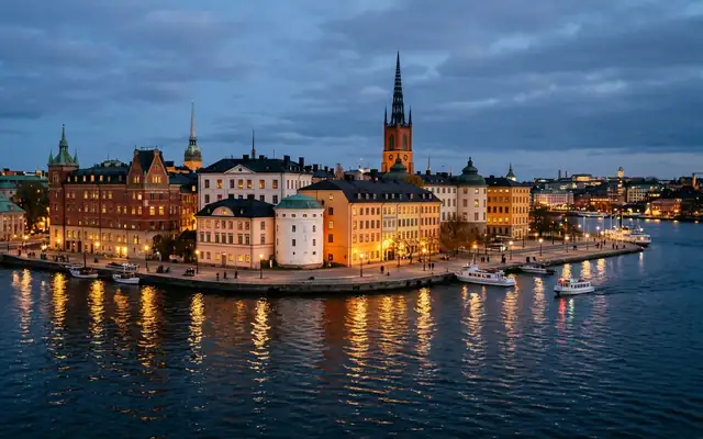 Gamla Stan waterfront in Stockholm at dusk, lit facades and the Riddarholmen church spire reflected in the water