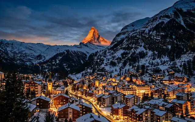 The Matterhorn catching alpenglow above Zermatt at dusk, its snow covered pyramid peak over the lit village in the valley