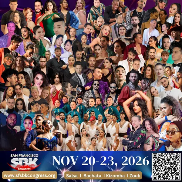 San Francisco SBK Congress 2026 poster: a dense collage of dozens of artist, DJ and dance-team photos above a blue banner reading NOV 20-23, 2026 with the congress logo, the styles Salsa, Bachata, Kizomba and Zouk, and a QR code.