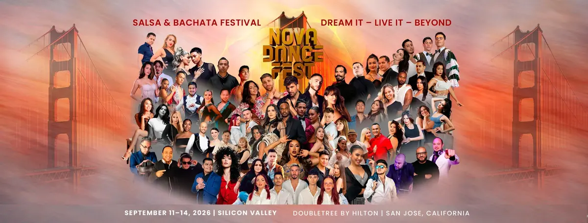 Nova Dance Fest 2026 key visual: a collage of dozens of salsa and bachata artists in front of a hazy Golden Gate Bridge, with the dates September 11 to 14, 2026 at the DoubleTree by Hilton in San Jose, California.