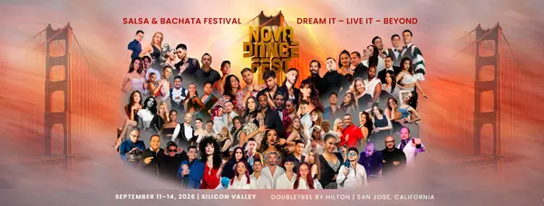 Nova Dance Fest 2026 key visual: a collage of dozens of salsa and bachata artists in front of a hazy Golden Gate Bridge, with the dates September 11 to 14, 2026 at the DoubleTree by Hilton in San Jose, California.