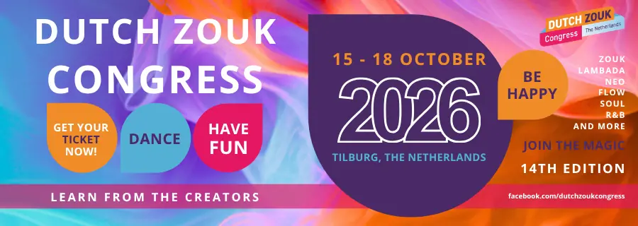 Dutch Zouk Congress 2026 banner: the festival name in white over swirling pink, purple and orange light, with 15 to 18 October 2026, Tilburg, The Netherlands and 14th edition.