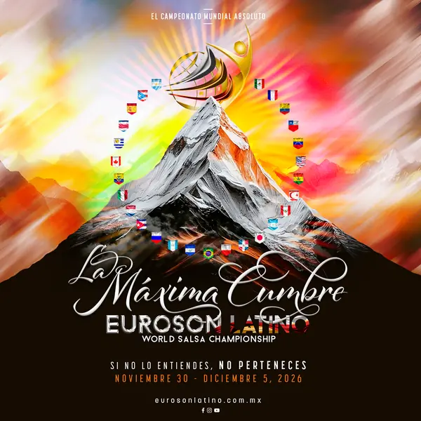 Euroson Latino World Salsa Championship 2026 key visual: a snow-capped mountain peak under a burst of colour with a golden trophy at the summit and national flag shields up both slopes, titled La Maxima Cumbre, 30 November to 5 December 2026.
