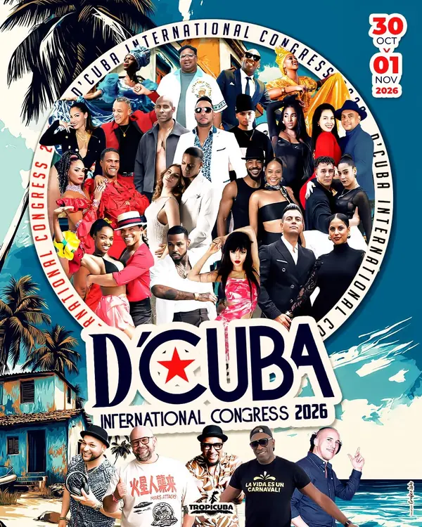 D'Cuba International Congress 2026 poster: a ring of Cuban dancers, singers and DJs over an illustrated Cuban beach with palm trees, with the dates 30 October to 1 November 2026.