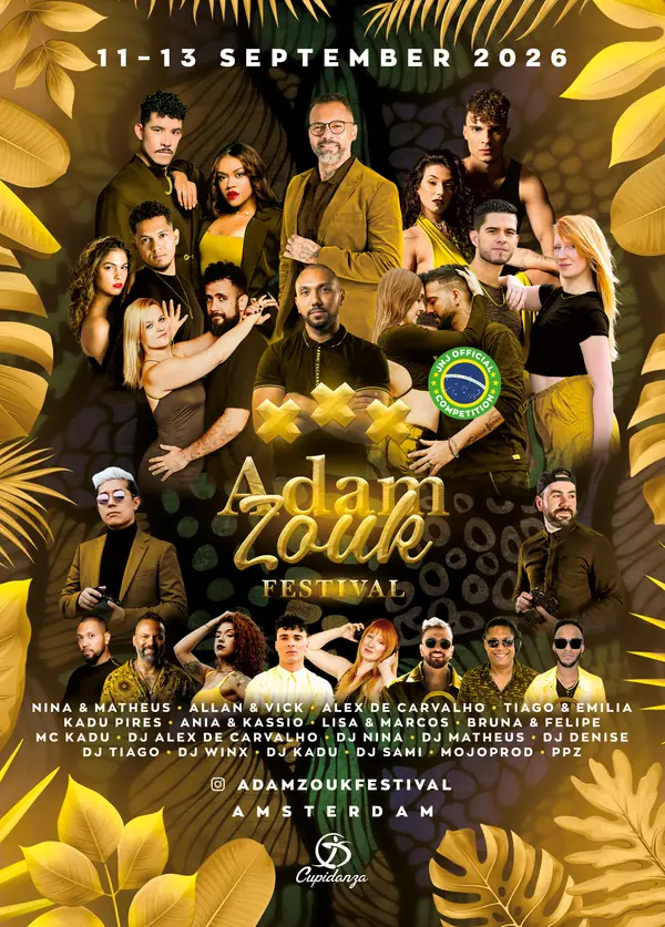 Adam Zouk Festival 2026 poster: the artist line-up in gold and olive tones framed by golden palm leaves around the gold Adam Zouk Festival logo, 11 to 13 September 2026 in Amsterdam.