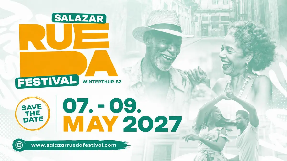 Salazar Rueda Festival 2027 save-the-date key visual: the festival name in orange and green over a mint-tinted photo of laughing dancers in a Havana street, dated 07 to 09 May 2027 in Winterthur.