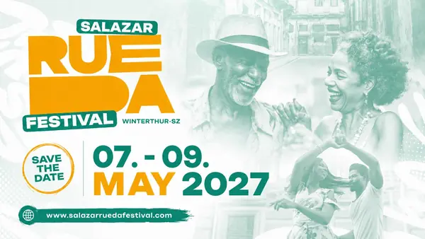 Salazar Rueda Festival 2027 save-the-date key visual: the festival name in orange and green over a mint-tinted photo of laughing dancers in a Havana street, dated 07 to 09 May 2027 in Winterthur.