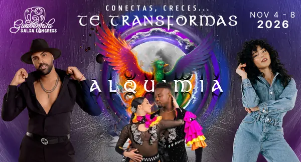 Guatemala Salsa Congress 2026 flyer: three solo dancers and one couple in front of a purple portal with a fire-and-quetzal phoenix, the word ALQUIMIA and the dates Nov 4 to 8 2026.