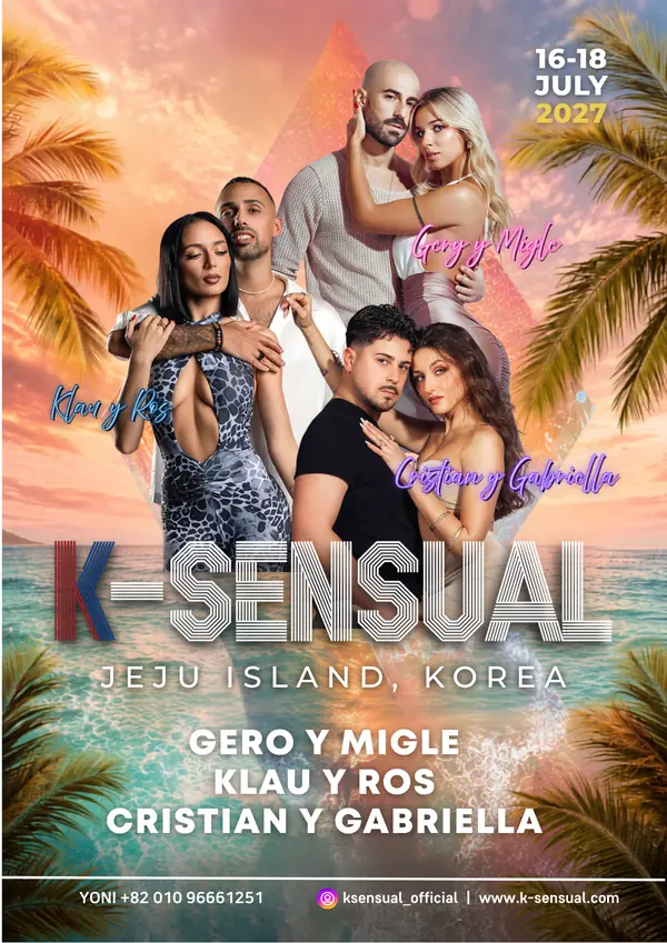 K-Sensual 2027 Jeju poster: three bachata couples posed against a palm-fringed turquoise beach at sunset, headlined Gero y Migle, Klau y Ros and Cristian y Gabriella, dated 16 to 18 July 2027 on Jeju Island, Korea.