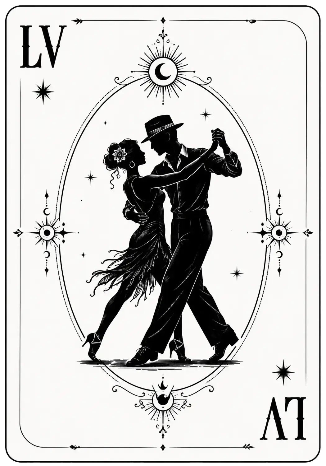 Las Vegas Super Congress key visual: a black-and-white playing card marked LV in two corners, with a silhouetted couple dancing inside an oval frame of stars, suns and crescent moons.