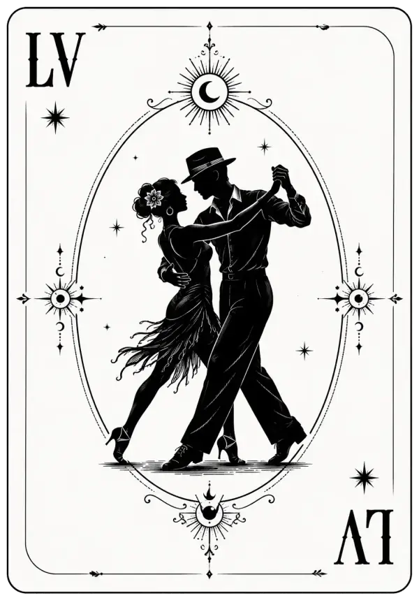 Las Vegas Super Congress key visual: a black-and-white playing card marked LV in two corners, with a silhouetted couple dancing inside an oval frame of stars, suns and crescent moons.