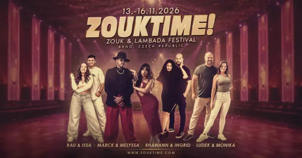 ZoukTime! 2026 poster: four dancer couples standing in a warm-lit ballroom under the ZoukTime! logo, Zouk and Lambada Festival in Brno, 13 to 16 November 2026.