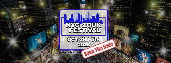 NYC Zouk Festival 2026 save-the-date banner: the festival logo with a blue New York skyline over a night-time aerial view of Times Square, dated October 2nd to 5th 2026.