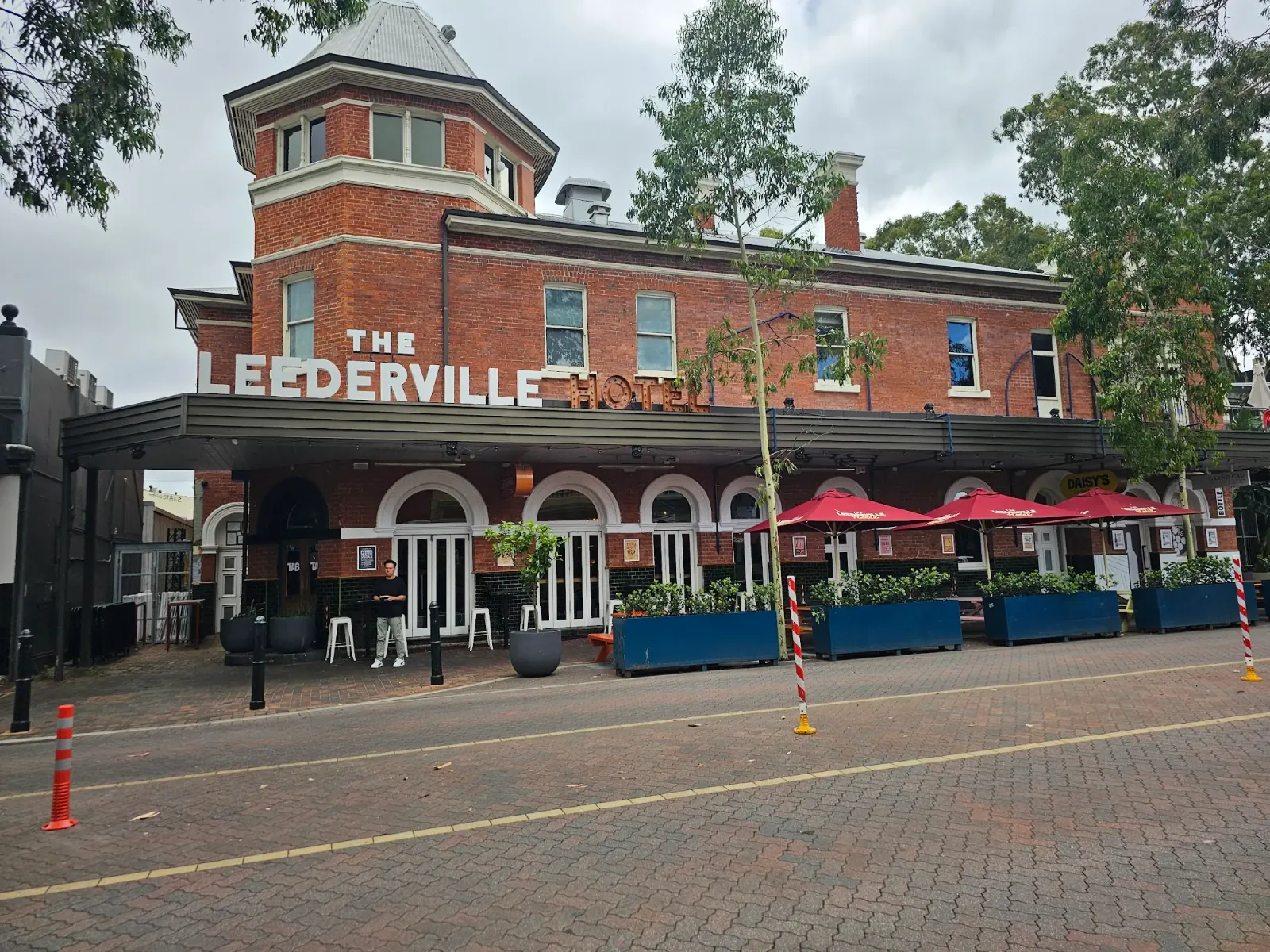 The Leederville Hotel street exterior showing the full facade and outdoor dining area