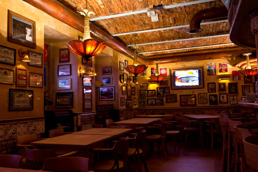 Cuban-themed interior of Casa de la Musica Wroclaw with brick ceiling and vintage decor
