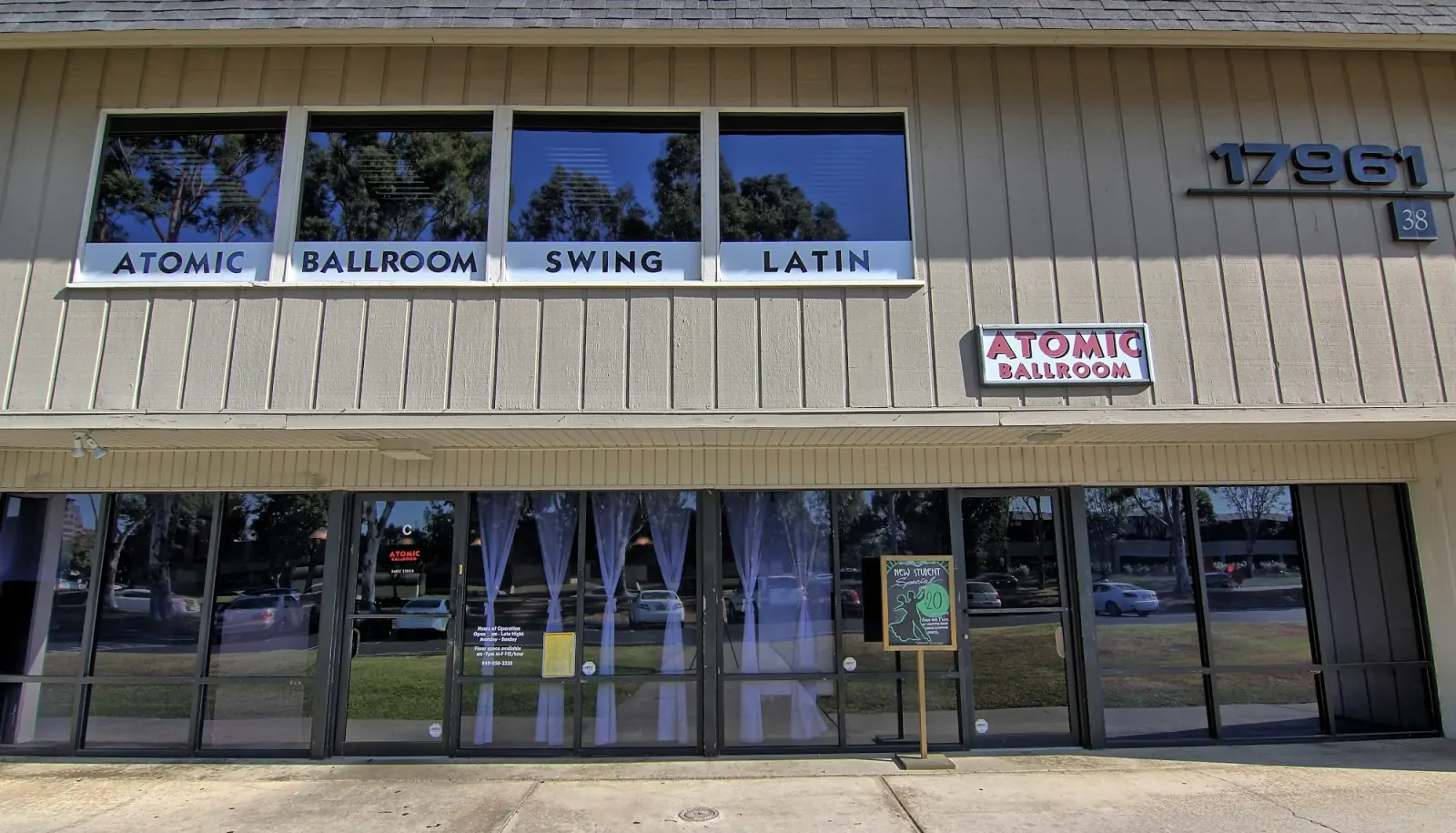 Exterior of Atomic Ballroom with Swing and Latin dance signage, Irvine