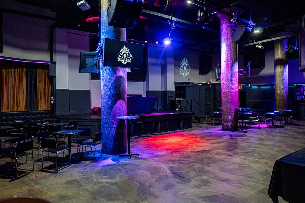 Sound of Brazil dance floor and stage with purple lighting at SOB's NYC