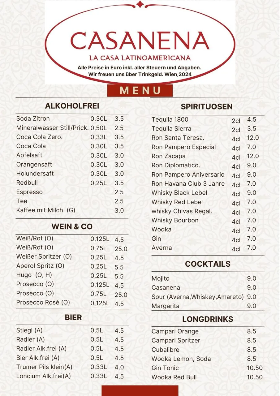 Casanena bar menu and drink prices at Salsanena Vienna