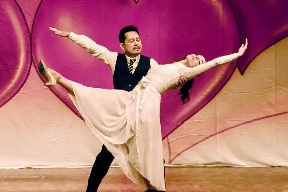 Ballroom dance performance with a dramatic dip at Sway Ballroom in Laguna Hills