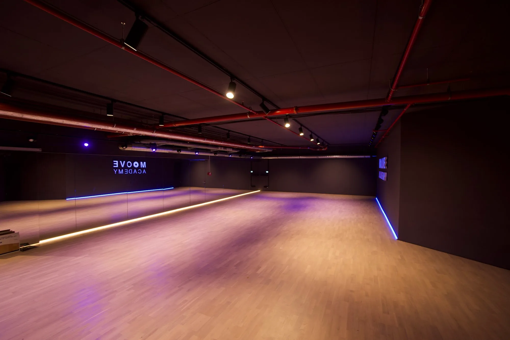 Empty wooden dance floor with mirrored wall and club lighting at Mice Dance School Munich