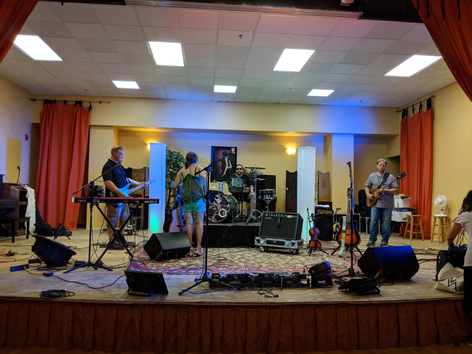Live band with keyboard and drums set up on the stage at The Avalon Ballroom